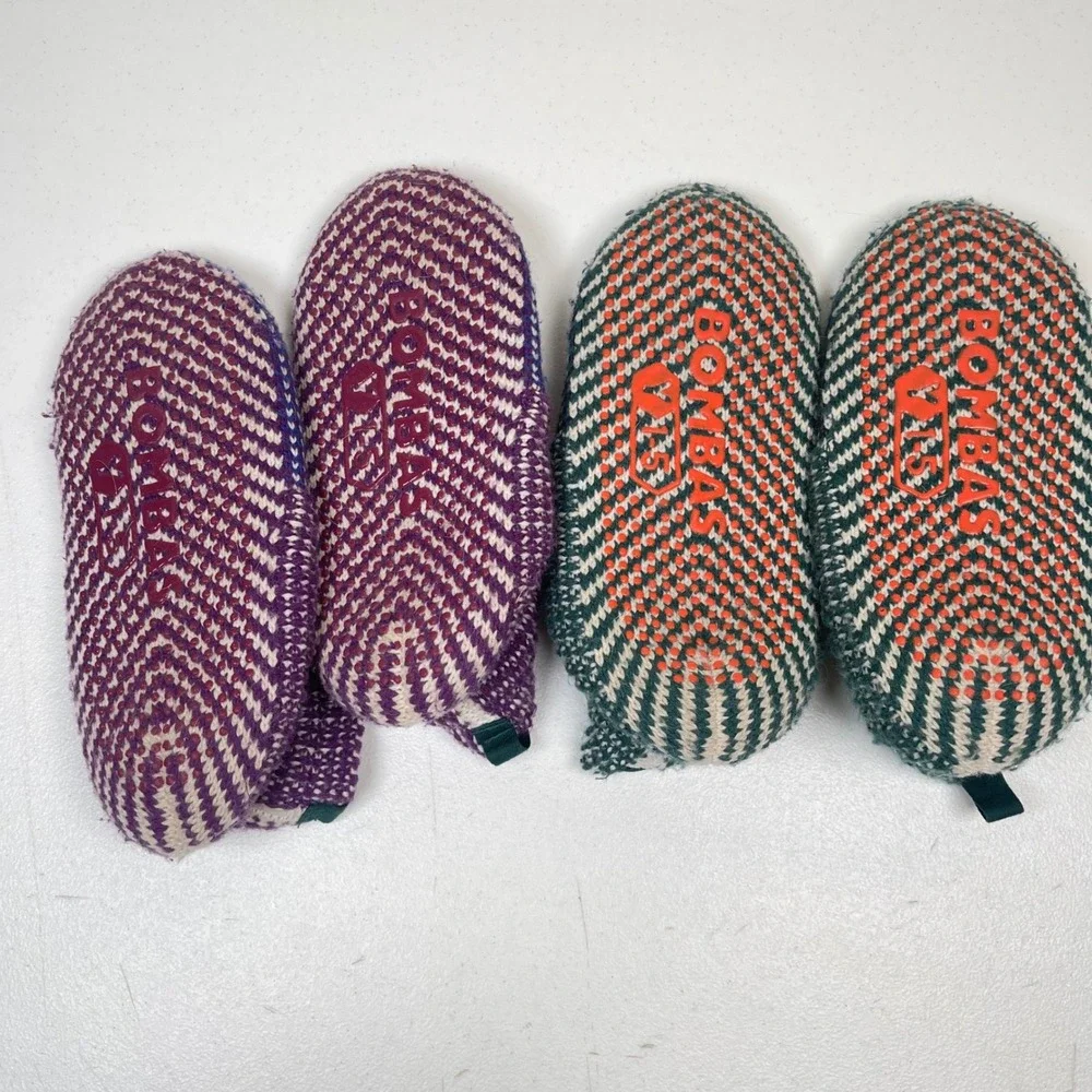 Bombas Gripper Slipper Socks Kids 1-5 Purple Green Knit 2 Pair Bundle Non Slip